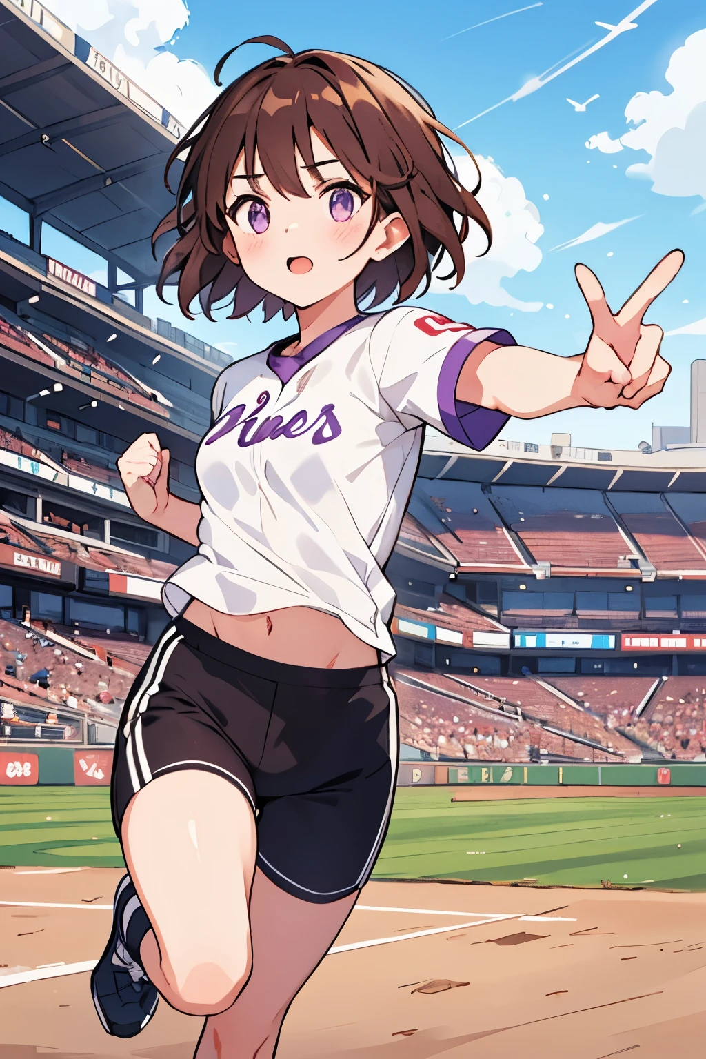 1 girl , short brown hair ,light purple eyes, running,white baseball shirt , Ranking baseball stadiums, Powerful running,8K texture , super resolution , looking at the viewer