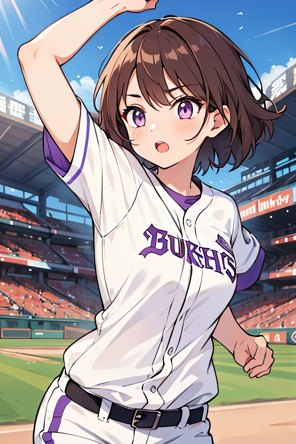 1 girl , short brown hair ,light purple eyes, running,white baseball shirt , Ranking baseball stadiums, Powerful running,8K texture , super resolution , looking at the viewer