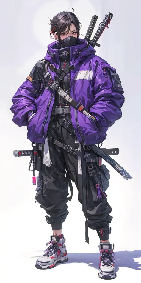 A girl in a character concept art with a mixed Japan Ronin outfit and modern techwear aesthetic. (best quality, 4k, 8k, highres, masterpiece:1.2), ultra-detailed, (realistic, photorealistic, photo-realistic:1.37), Japanese Ronin clothing, futuristic techwe...