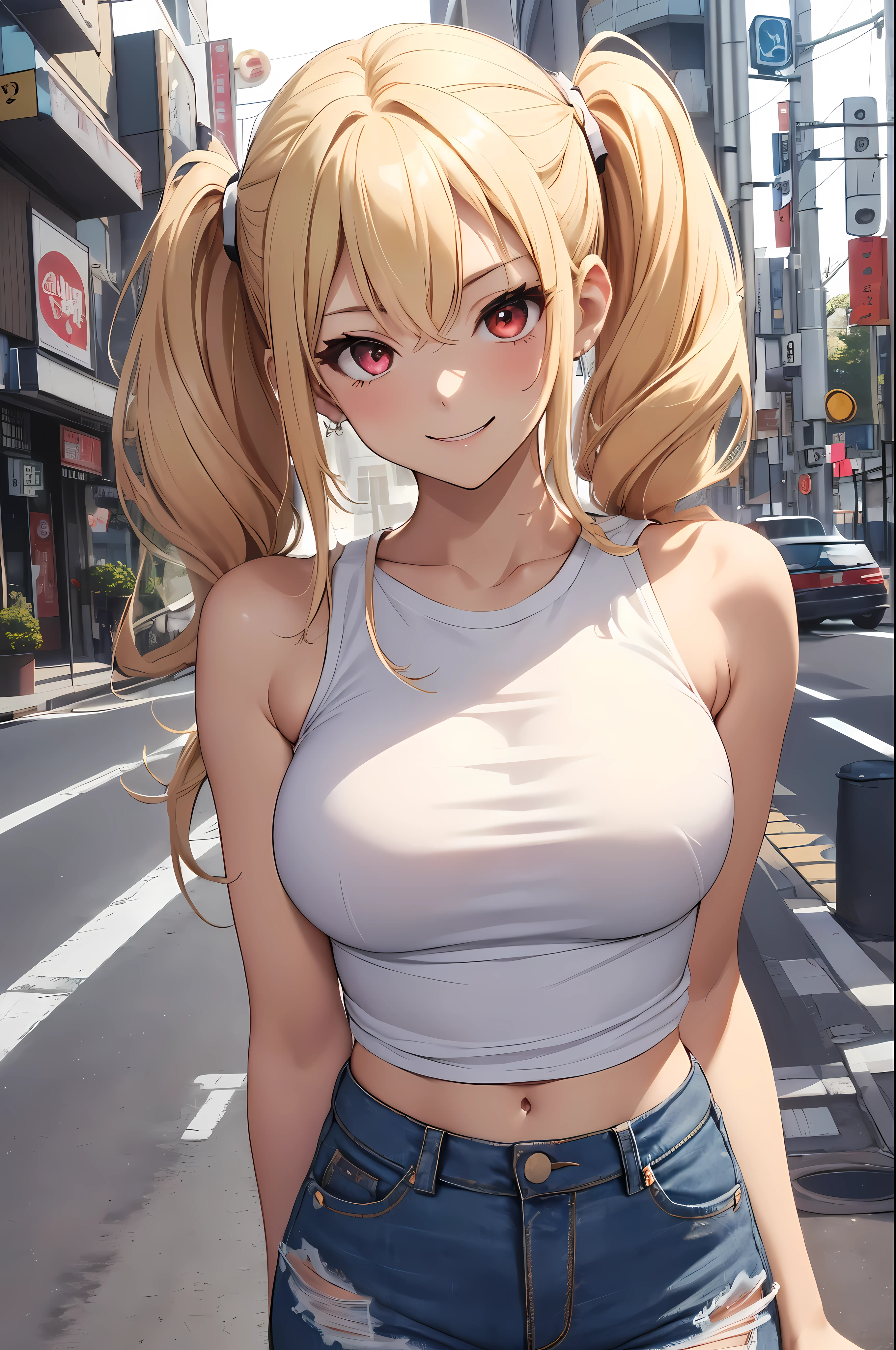 Anime girl with blonde hair and blue jeans posing on the street - SeaArt AI