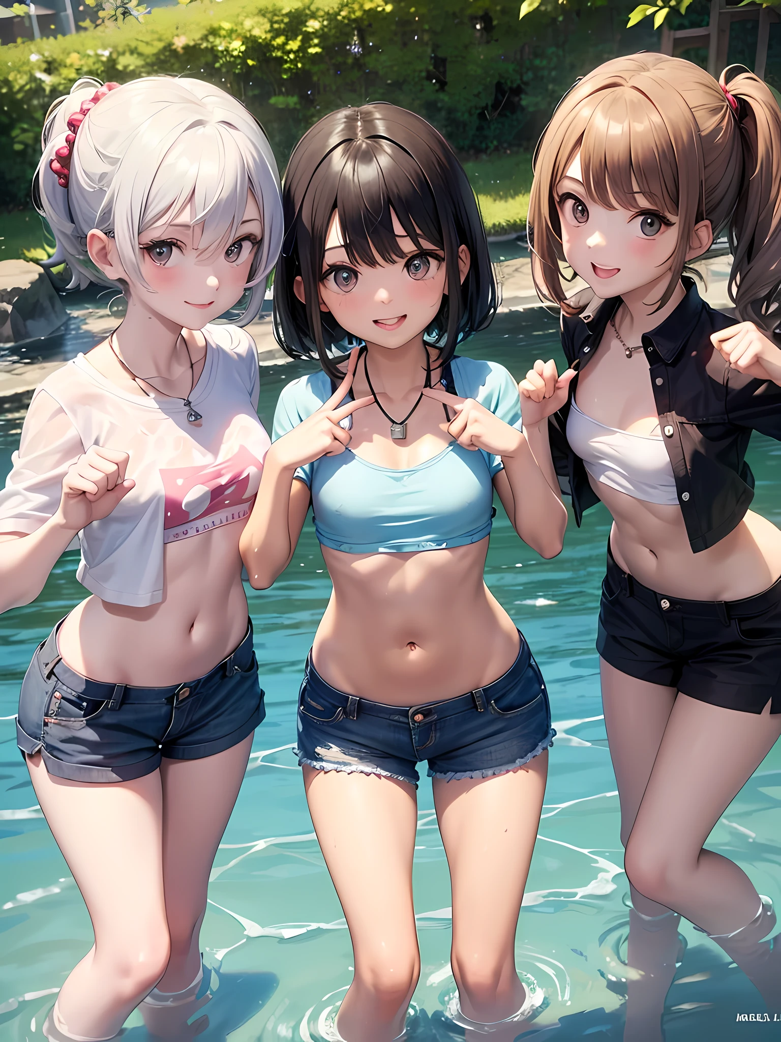 ((highest quality)), ((masterpiece)), (Cute baby girl), (3 girls:1.3), cute three girls are posing for a camera outdoors in the water, shirtをつかむ, Stand in line, (Close-up shot from the knee:1.3), perfect face, smile, (open your mouth and smile:1.3), embarrassed look, (precise fingers:1.3), hair band, head band, hair bobble, blouse, shirt, I can see your underwear, (pastel colored underwear), high resolution eyes, accurate eyes, (high resolution eyes:1.8), (High definition finger 1.8), light smile, , chest, realistic, 4-year-old, 5 years old, 6 years old, 7 years old, knee socks, short skirt, Asian, Westerners, silver hair, brown hair, blonde, belly button, jewelry, looking at the viewer, necklace, water, , Wet, long hair, short hair, abs,