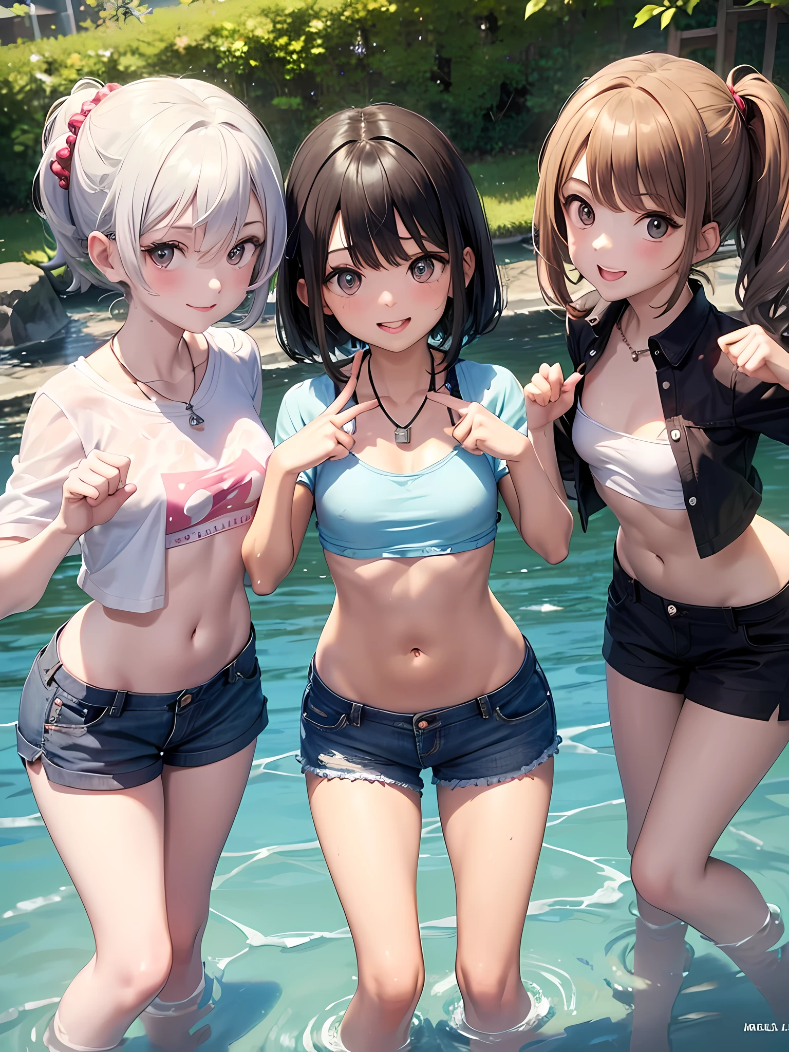 ((最好的品質)), ((傑作)), (可愛的女嬰), (3 個女孩:1.3), cute three girls are posing for a camera outdoors in the 水, 襯衫をつかむ, 在线站立, (從膝蓋的特寫鏡頭:1.3), 完美的臉, 微笑, (open your mouth and 微笑:1.3), 尴尬的样子, (精准的手指:1.3), 髮帶, 頭巾, 毛球, 女式衬衫, 襯衫, 我可以看到你的內衣, (柔和的彩色內衣), 高解析度眼睛, 准确的眼睛, (高解析度眼睛:1.8), (高清手指1.8), light 微笑, , 胸部, 實際的, 4歲, 5歲, 6岁, 7歲, 及膝襪, 短裙, 亞洲人, 西方人, 銀髮, 棕色的頭髮, 金髮女郎, 肚脐, 珠寶, 看著觀眾, 項鍊, 水, , 濕的, 長髮, 短髮, 腹肌,