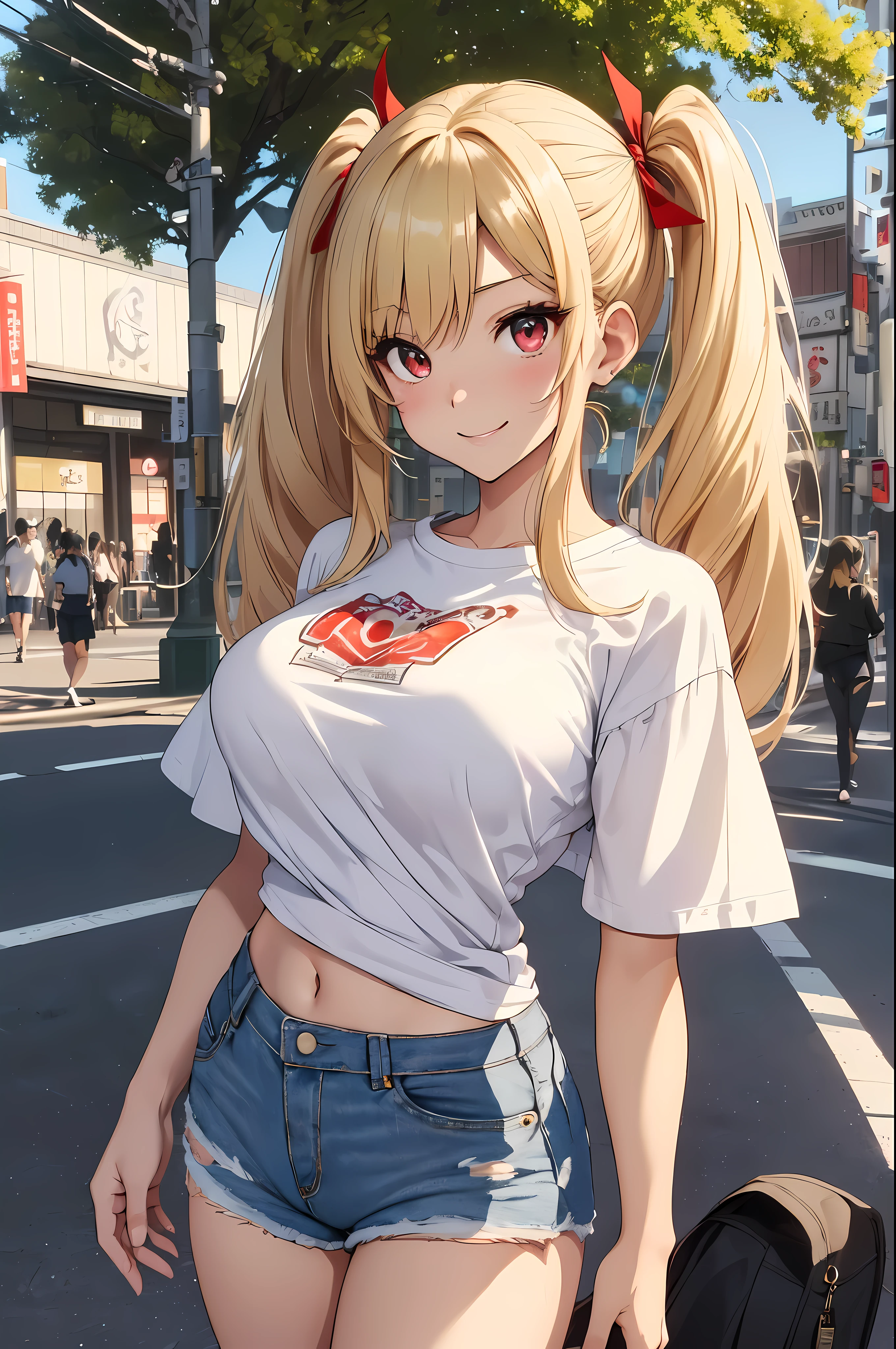 Anime girl with long blonde hair and a white shirt on a city street -  SeaArt AI