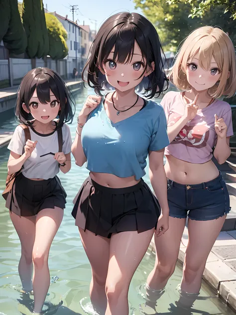 ((highest quality)), ((masterpiece)), (Cute baby girl), (3 girls:1.3), cute three girls are posing for a camera outdoors in the ...