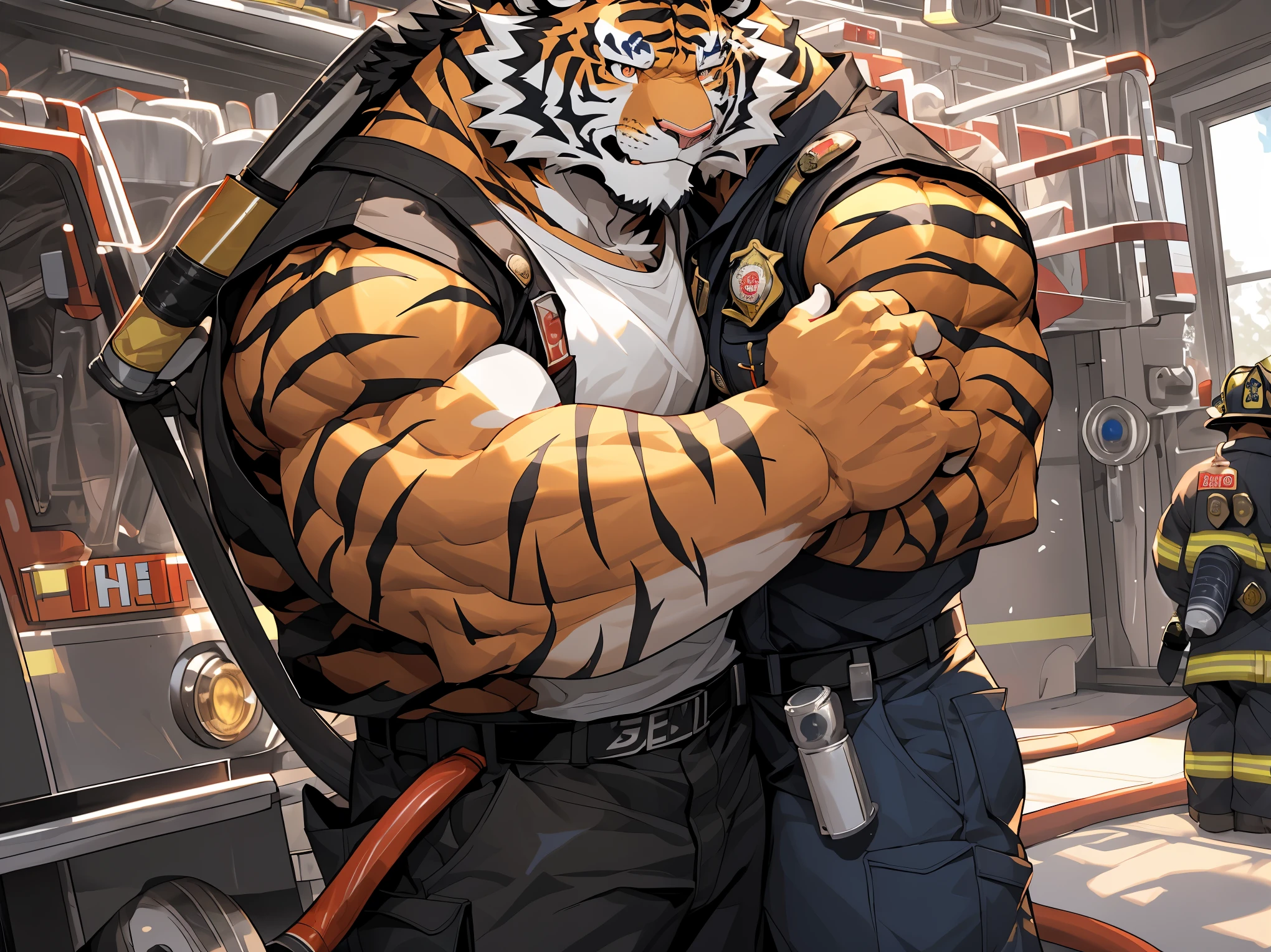 disney,anime character with tiger, tiger_beast, Firmware version, high resolution committee, ((tiger)), gigachad muscular, muscular!!, only, muscular!, anthropomorphic tiger, muscular character, Kushat Konzi, super detailed!!, muscular!!!, beefy, whole body commission, Full body details are very rich,16k,(Full body close-up:1.2),(The two eyes are not the same color，different color pupils:1.3),HD,(colored hair:1.3),(firefighter:1.5),Take Fire station,firefighter attire,firefighter top,firefighter pants,firefighter boots,firefighter helmet)