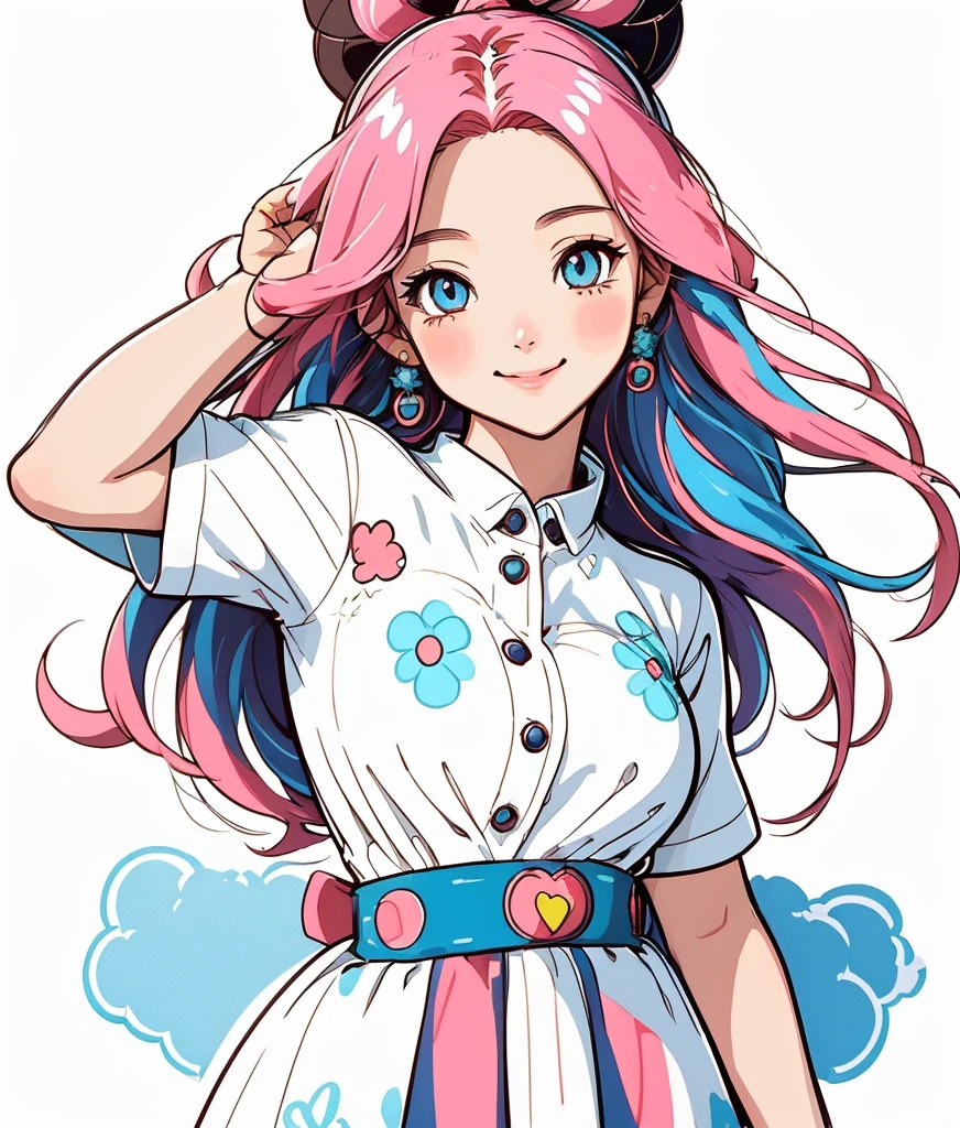 (best quality,highres,ultra-detailed)anime girl,sticker art,shining eyes,long hair,innocent smile,lively pose,White background,vibrant colors,detailed clothing,playful expression,sparkling stickers,geometric shapes,soft shading,anime style,digital illustration,creative composition,bold outlines,stylized elements,unique design,contrast in patterns,expressive eyes,subtle highlights,eye-catching accessories,endearing character,cute and charming,artistic expression,dynamic movement,eye-catching composition,vibrant and energetic,playful and whimsical,colored hair,contrast in textures,eye-catching details,cheerful personality,sense of joy,positive vibes,adorable and lively,artistic imagination,visual storytelling,creative and imaginative,input of emotions.