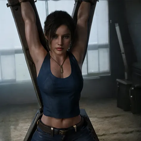 Claire in stocks pose,full body with cuffs, wearing a jeans and tank top,
