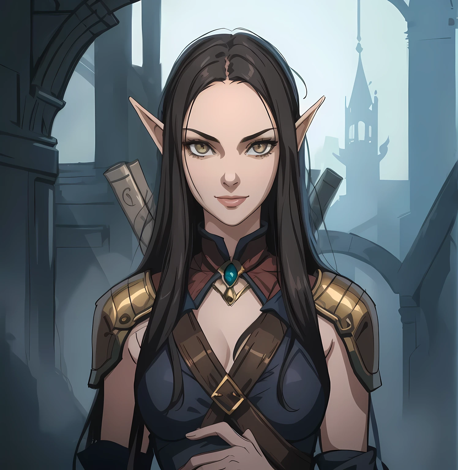 a close-up of an elven woman, holding a dark book, maiden princess, dark hair with bangs, hime cut, wearing detailed gothic leather armor, portrait of an elf sorceress, dark fantasy style art, fantasy concept art portrait, in the style of dark medieval fantasy art, epic and exquisite character art, beautiful elf countess with dark hair and bangs, majestic elven character with mysterious smile and piercing gaze, piercing look, detailedeyes, eyes with detailed golden irises, proportional eyes, ((work of art)), best qualityer, shadowheart, bg3, lord of the rings, detailed artwork, Intricate Art