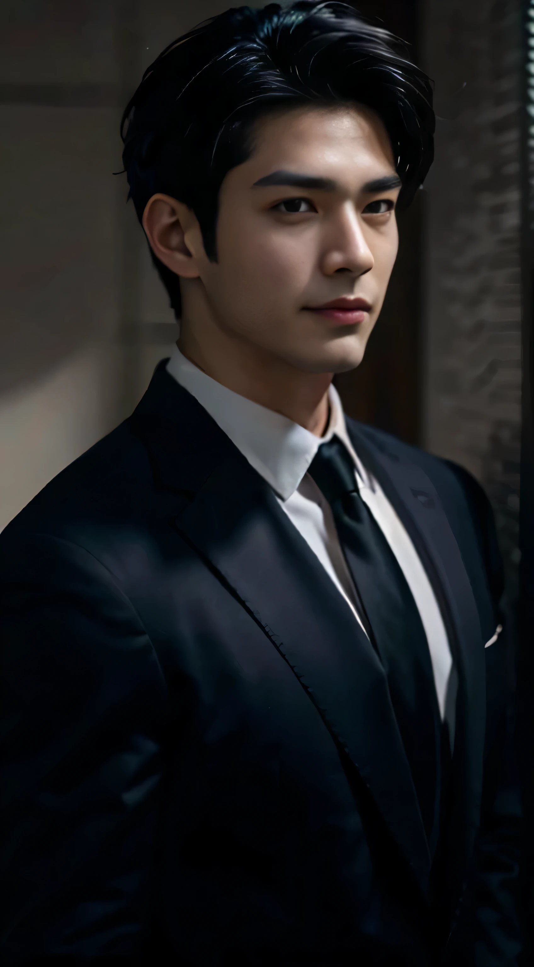 ((Men)), (head shot), (frontal face), (half body view), (Handsome muscular man in his 30s wearing black luxury suit with black necktie), zi wang (prince chiu), Mischievous smile, (detail: 1 in 1), Natural muscles, HIG quality, beautiful eyes, (Detailed face and eyes), (Face、: 1 / 2), Noise, Real Photographics, ... ...................................................................................................PSD, Sharp Focus, High resolution (8K), realistic & Professional Photography, 8K UHD, Soft lighting, High quality, Film grain, FujifilmXT3