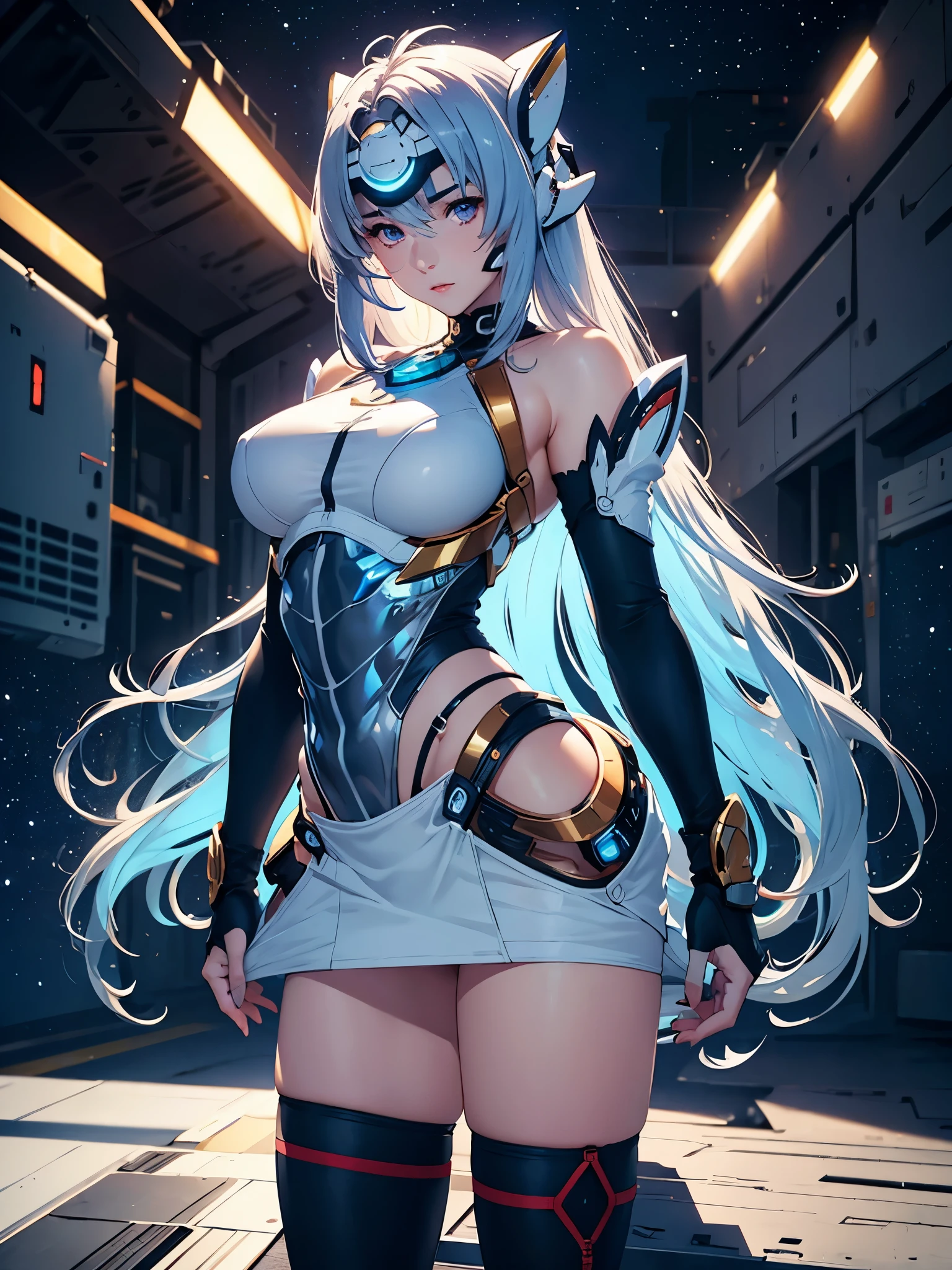 (masterpiece:1.3), (8K、photorealistic, Raw photo, best quality:1.4), (solo), one girl, (((kos-mos))), beautiful face, Beautiful face with perfect symmetry, cute face, (beautiful light blue long hair), With bangs, There is a visor on the forehead, beautiful purple eyes, perfect anatomy, (high detail skin: 1.2), natural breast, beautiful thighs, Natural buttocks, white costume, mini skirt, costume with open chest, Stars and planets can be seen in outer space, standing on the deck of a spaceship, perfect lighting, focus only, perfect anatomy,Front view,