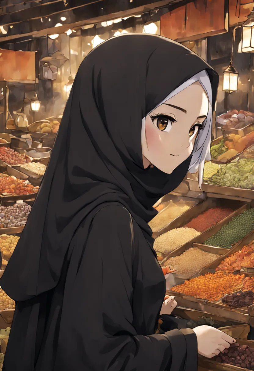 craft an emotionally resonant anime-style depiction of a young woman's face, aged 24, adorned in a black abaya and khimar hijab....