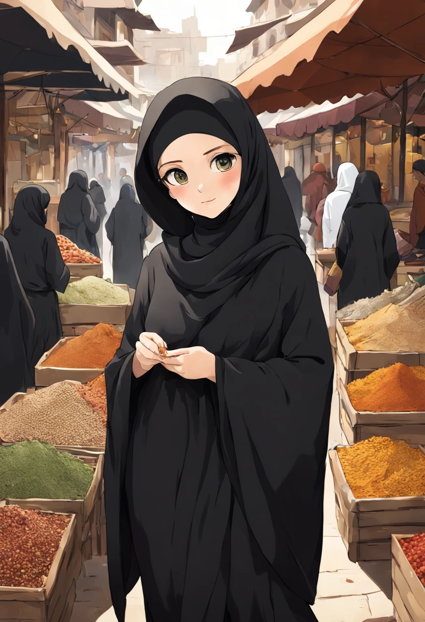 Craft an emotionally resonant anime-style depiction of a young woman's face, aged 24, adorned in a black Abaya and Khimar Hijab. Behind her, a bustling marketplace comes to life, filled with the aroma of spices and the sound of laughter, symbolizing the vibrancy and richness of Islamic culture, while the woman's unadorned eyes reflect the warmth and hospitality of her community.
