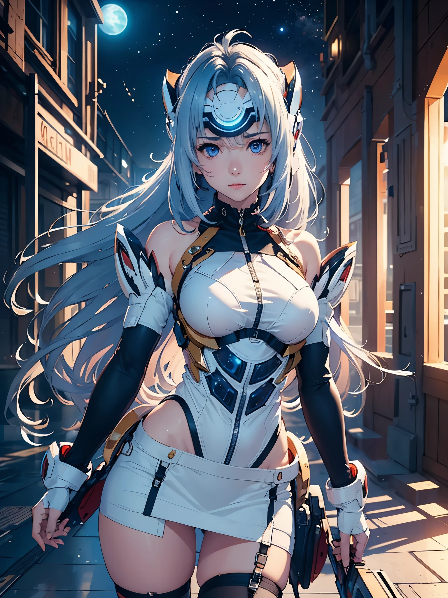 (masterpiece:1.3), (8K、photorealistic, Raw photo, best quality:1.4), (solo), one girl, (((kos-mos))), beautiful face, Beautiful face with perfect symmetry, cute face, (beautiful light blue long hair), With bangs, There is a visor on the forehead, beautiful purple eyes, perfect anatomy, (high detail skin: 1.2), natural breast, beautiful thighs, Natural buttocks, white costume, mini skirt, costume with open chest, Clothes that look like 6 pack abs, Stars and planets can be seen in outer space, standing on the deck of a spaceship, perfect lighting, focus only, perfect anatomy,Front view,