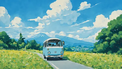 (minimalism:1.4), minibus on the road, art at studio ghibli, miyazaki, meadow with blue sky and white clouds