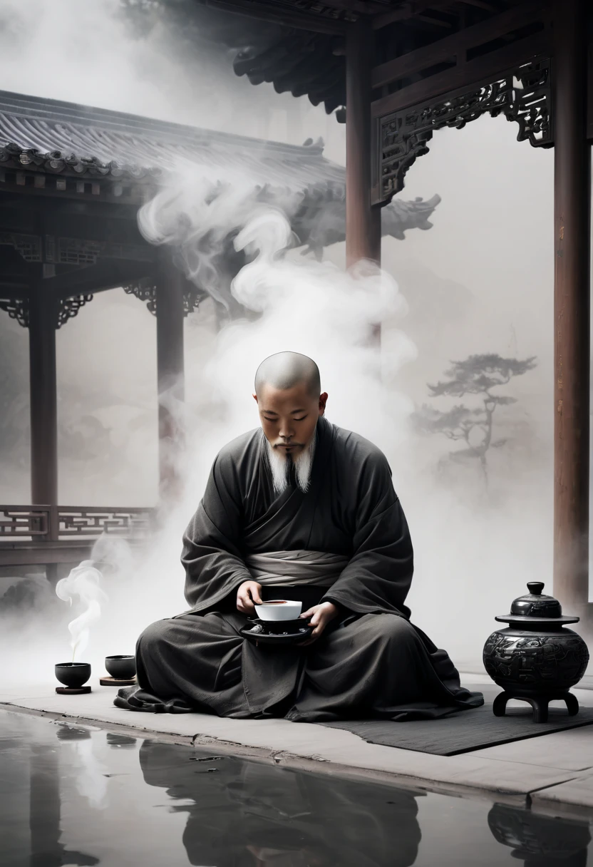 A monk is sitting cross legged in a pavilion during the Song Dynasty, with a tea cup steaming hot in front of him. Microscopic lens, axis shifting lens, artistic ink painting, Ye Ruikun, ink brush, black and white, product view, thick fog, ink dissolution, ink flowing, leaving a large area of white space and ancient charm in white, (best quality, masterpiece, Representative work, official art, Professional, Ultra intricate detailed, 8k:1.3)