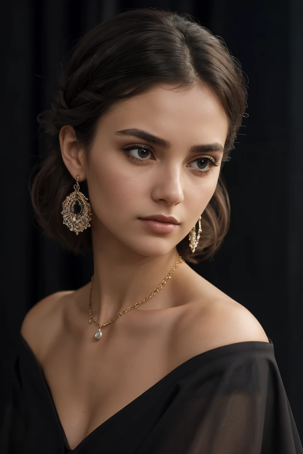 A close-up shot of a woman with a pensive expression, wearing a dark, off-the-shoulder dress and a single, statement piece of jewelry, The background should be out of focus and feature soft, warm tone