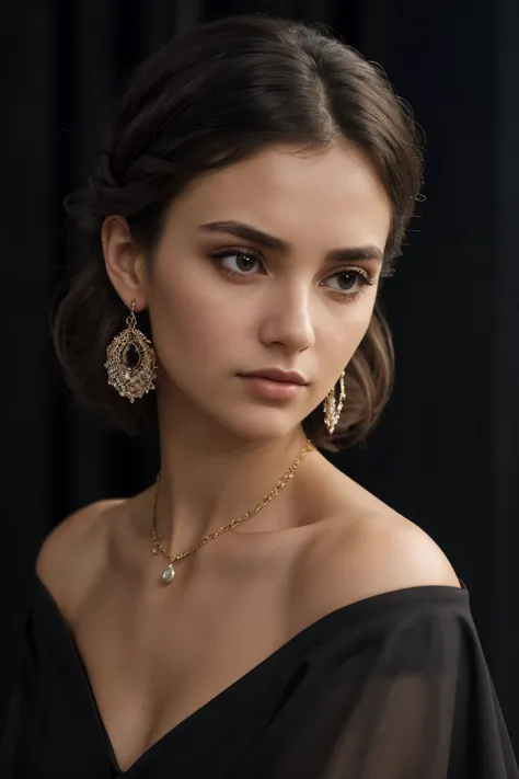A close-up shot of a woman with a pensive expression, wearing a dark, off-the-shoulder dress and a single, statement piece of je...
