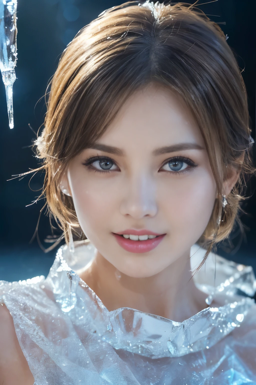 ((table top:1.4, highest quality)), (realistic pictures:1.4), 
((1 girl)), 
(超High resolution:1.2), very delicate and beautiful, wonderful, 
Highly detailed CG Unity 8k wallpaper, Super detailed, High resolution, soft light, 
beautiful detailed girl, highly detailed eyes and face, beautifully detailed nose, beautiful and detailed eyes, 
(She is wearing a dressed up costume and is frozen in ice.:1.4),
cinematic lighting, perfect anatomy, slender body, thin chest,
(ice castle guest room, Ice Room, ice furniture, ice chandelier, lit up in the dark:1.3), (A fantastic world of ice and light, transparency of ice, The aesthetics of light refracting through ice:1.3), (A world of inorganic beauty where everything is covered in icicles and frozen.:1.3), Beautiful,
cowboy shot, looking at the viewer, smile
