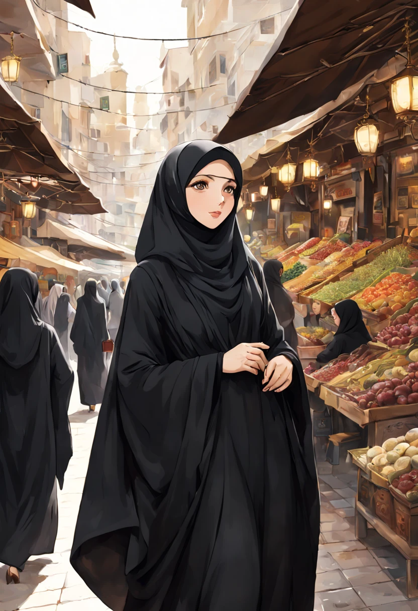 Craft a visually striking anime-style artwork featuring a detailed close-up of a 24-year-old woman wearing a black Abaya and Khimar Hijab. Surrounding her, a bustling souk comes alive with the hustle and bustle of shoppers and traders, symbolizing the vibrancy and energy of Islamic markets, while the woman's modest attire exudes an air of elegance and sophistication.