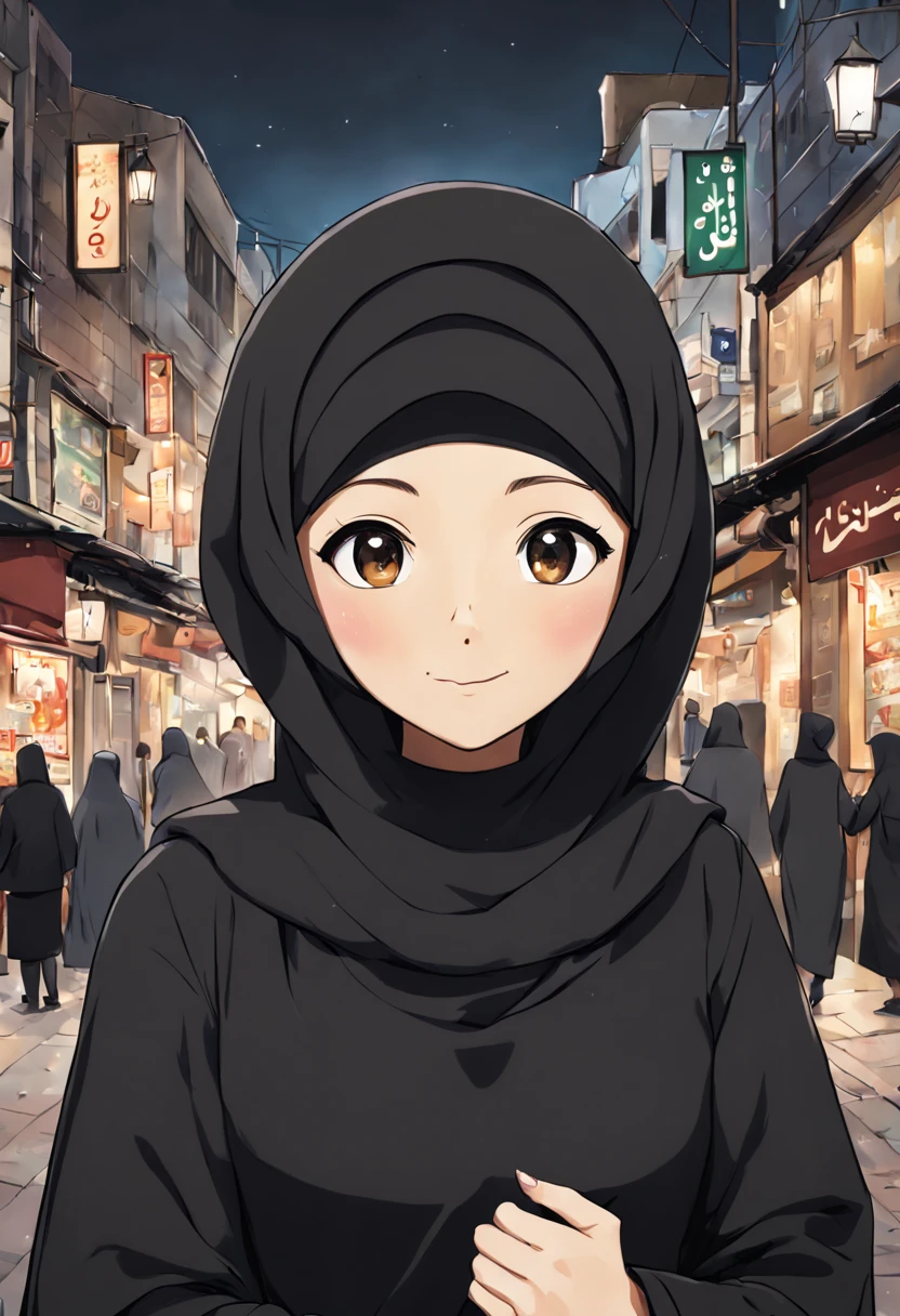 Create an emotionally charged anime-inspired depiction of a 24-year-old woman's face, adorned in a black Abaya and Khimar Hijab. Behind her, a bustling street scene unfolds, filled with the sounds of laughter and chatter, symbolizing the sense of community and camaraderie found in Islamic neighborhoods, while the woman's unadorned eyes reflect a deep sense of belonging and connection.