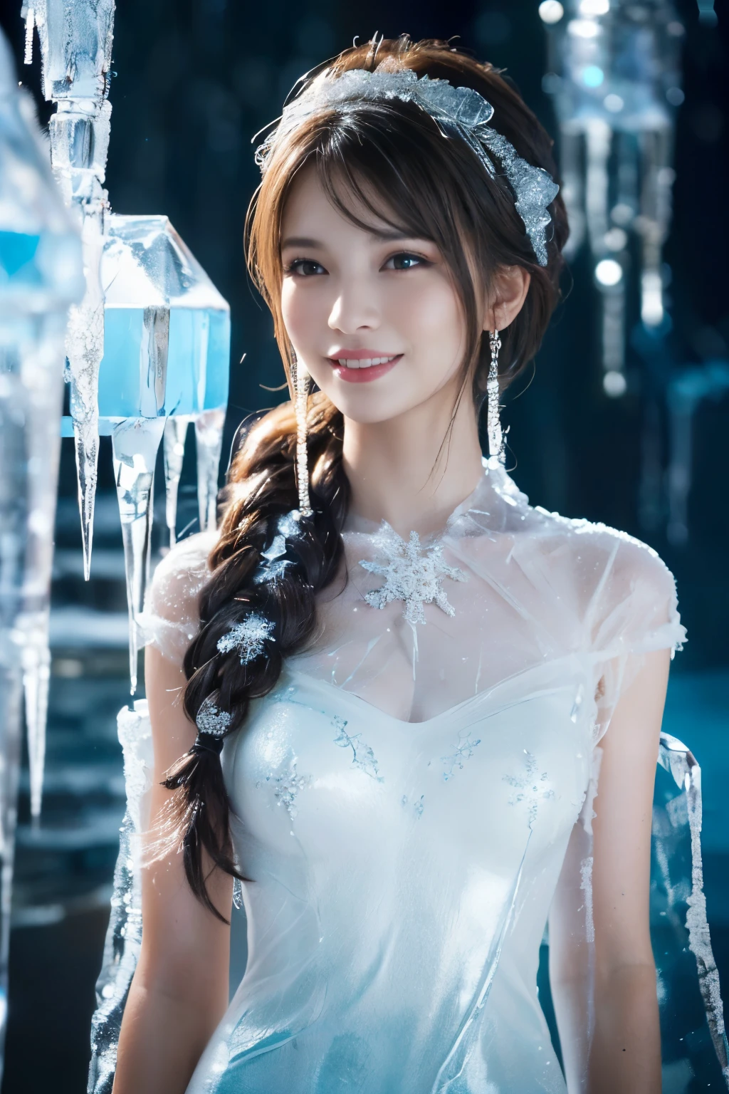 ((table top:1.4, highest quality)), (realistic pictures:1.4), 
((1 girl)), 
(超High resolution:1.2), very delicate and beautiful, wonderful, 
Highly detailed CG Unity 8k wallpaper, Super detailed, High resolution, soft light, 
beautiful detailed girl, highly detailed eyes and face, beautifully detailed nose, beautiful and detailed eyes, 
(She is wearing a dressed up costume and is frozen in ice.:1.4),
cinematic lighting, perfect anatomy, slender body, thin chest,
(ice castle guest room, Ice Room, ice furniture, ice chandelier, lit up in the dark:1.3), (A fantastic world of ice and light, transparency of ice, The aesthetics of light refracting through ice:1.3), (A world of inorganic beauty where everything is covered in icicles and frozen.:1.3), Beautiful,
cowboy shot, looking at the viewer, smile
