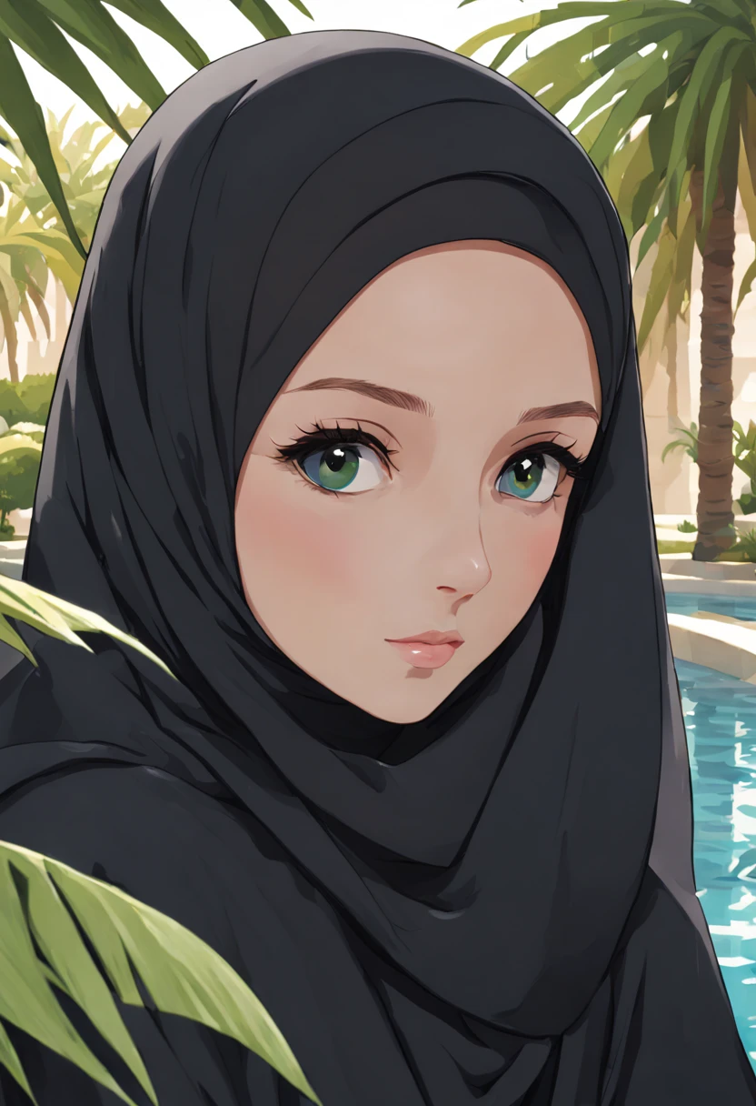 Develop a poignant anime-style artwork featuring the extreme close-up of a 24-year-old woman draped in a black Abaya and Khimar Hijab. In the background, a tranquil oasis beckons with its shimmering pool and lush palm trees, symbolizing the oasis of peace and serenity found in Islamic spirituality, while the woman's serene expression reflects the inner tranquility and contentment of faith.