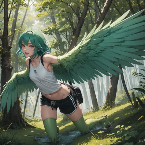 1 female, solo female, harpy, emerald green wings, beautiful wings, bird legs, detailed sharp black talons, tan skin, tomboyish ...