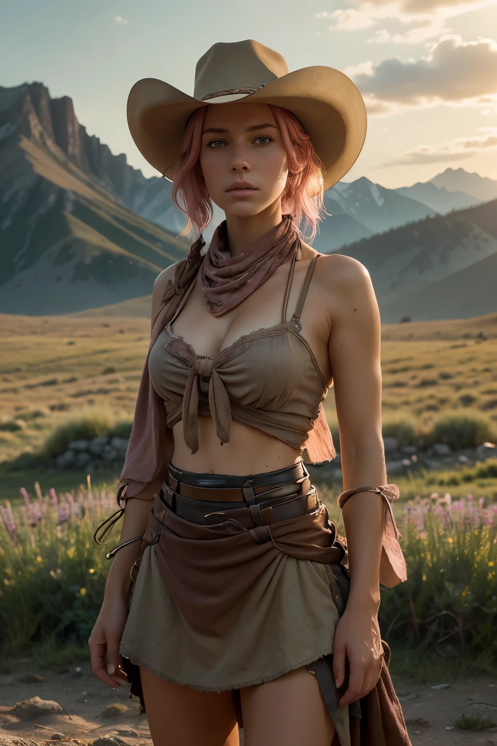 Close-up shot, a western scene, a solo beautiful blonde woman short pink hair, standing next to a split rail fence in a flower-filled meadow in the Sawtooth Mountains in Idaho as the sun sets; wearing a short, rough material skirt, bandana top, large breasts, no hat, nipples covered, 4k extremely photorealistic, uhd 4k highly detailed, ((ethereal lighting, ultra-high res.photorealistic:.1.4, (high detailed skin:1.2), 8k uhd, dslr, high quality, film grain, Fujifilm XT3,(masterpiece) (best quality) (detailed) (cinematic lighting) (sharp focus) (intricate)