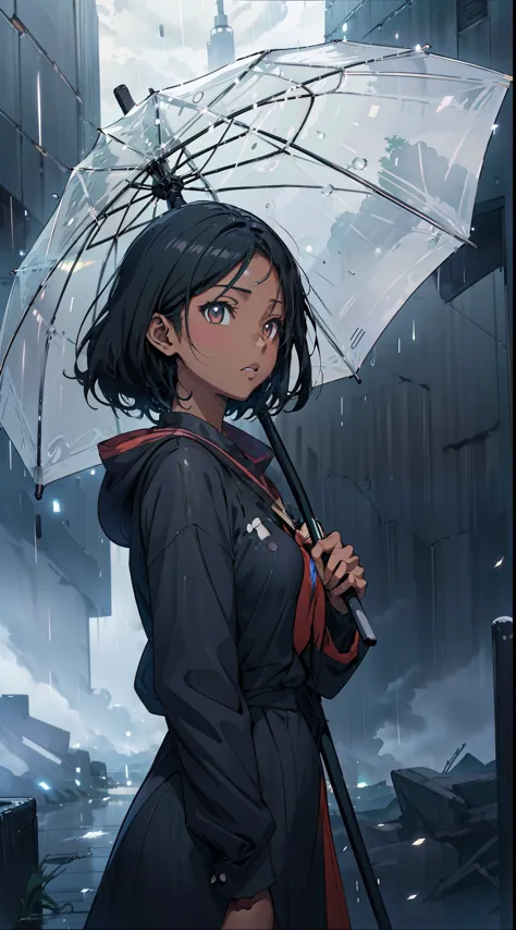 anime black girl standing in the rain, brown long curly hair, holding an umbrella, green rain, stormy weather. makoto shinkai, 4...