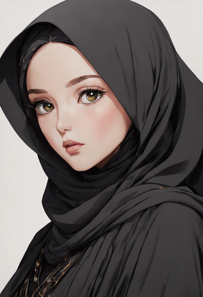 Create an ultra-detailed anime-inspired illustration showcasing the extreme close-up of a 2 woman's face, her natural features meticulously rendered with lifelike precision. The strands of her unadorned lashes are individually delineated, casting delicate shadows over her cheeks, while her black Abaya and Khimar Hijab are depicted with a richness of texture that invites tactile exploration.