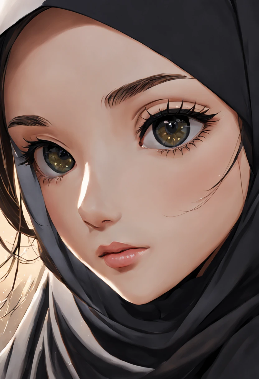 Create an ultra-detailed anime-inspired illustration showcasing the extreme close-up of a 24-year-old woman's face, her natural features meticulously rendered with lifelike precision. The strands of her unadorned lashes are individually delineated, casting delicate shadows over her cheeks, while her black Abaya and Khimar Hijab are depicted with a richness of texture that invites tactile exploration.