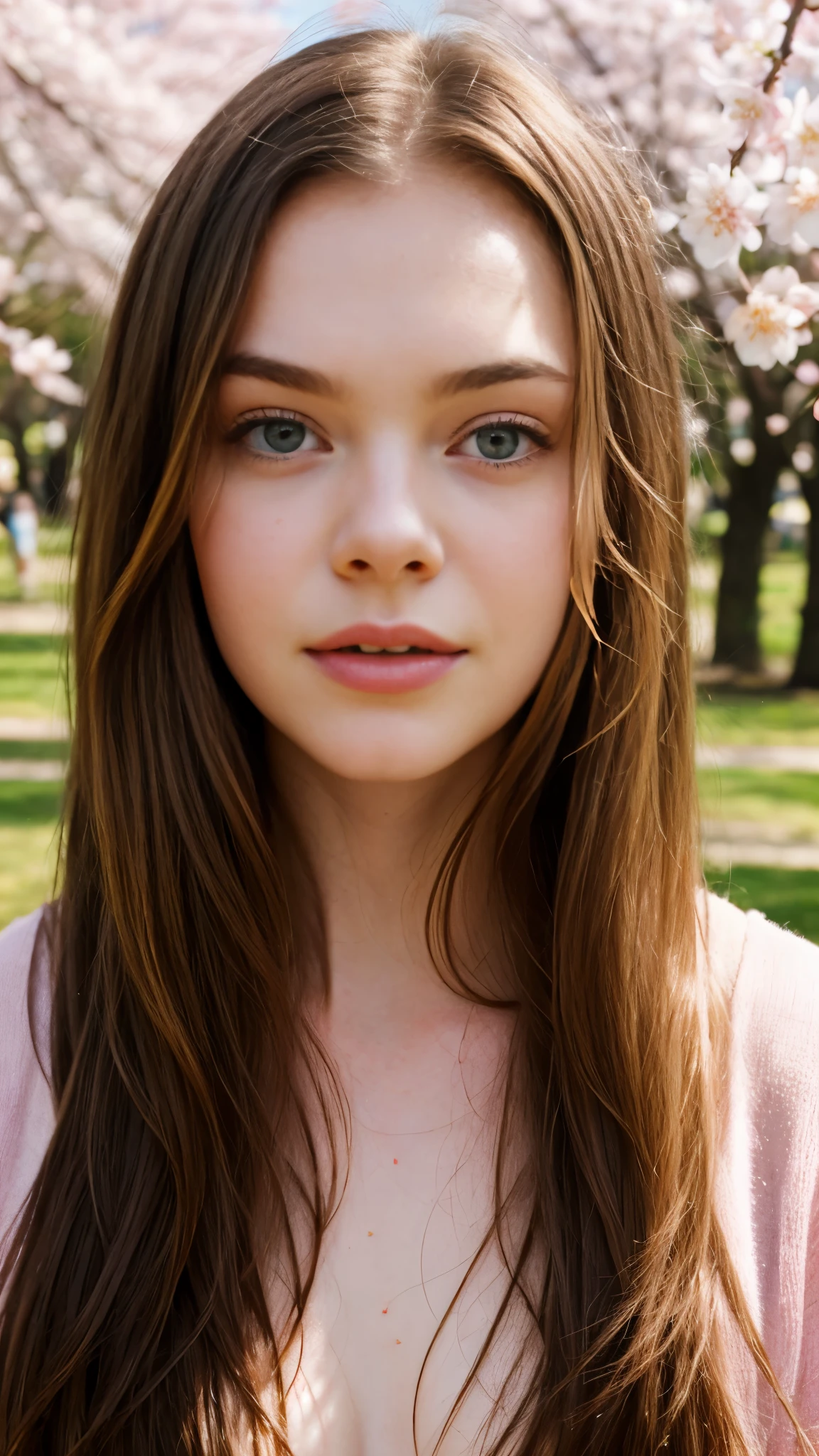 A close up of a woman with long hair and a pink shirt - SeaArt AI