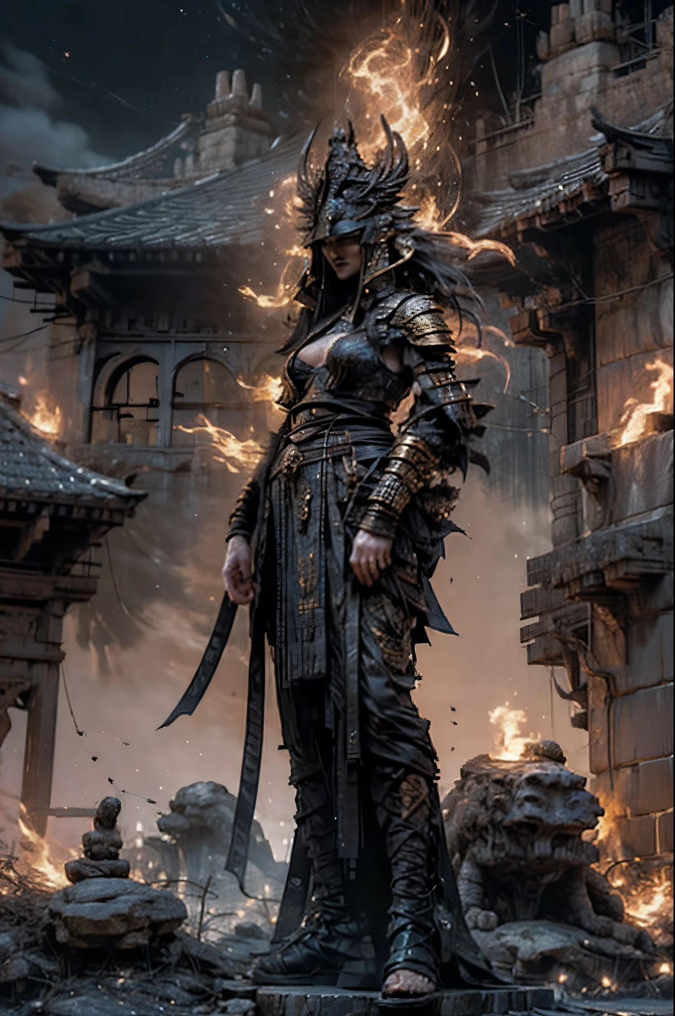 depicts a goddess of war，she is a great giant，she is a lovely princess，Also a powerful warrior，Flame，lightning in sky，The top of the mountain is at your feet，mountains in the distance，(fire element:1.4)，现实的Flame，Highly realistic，correct anatomy，full-body shot，Convex，cute big breasts，violent house，，Plum，longing unsatisfied，only genitalia， camel toe，sexy gesture，，Sex huge breasts cleavage， onlyfoot，sexy gesture，（wear：Gorgeous and sexy evening dress，Composed of fire elements，only ，）1 female，30 years old，married woman，milf， 独奏，Beautiful and delicate eyes，（tangled，mandala，tangled，entangled），divine light，gold foil，Gold Foil Art，dark background，marvelous and unbelievable，Epic-ish works，(intricate details，Ultra-detailed:1.2)，Super real photos, scary, epic reality, faded, ((neutral color)),(pastel colors:1.2), Detailed face, delicate eyes，surreal, + movie shot + dynamic composition, Very detailed, sharpen, ish, warm light, Light effect, dramatic light, (intricate details:1.1), complex background, (Greg Rutkowsky:0.8), laughter，