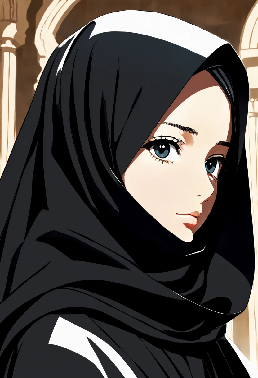 Craft an ultra-detailed anime-style illustration portraying the extreme close-up of a 24-year-old woman wearing a black Abaya and Khimar Hijab. Every strand of hair beneath her headscarf is painstakingly rendered, each one catching the light in a naturalistic cascade of highlights and shadows. The fabric of her garments is depicted with such fidelity that one can almost feel its weight and texture.