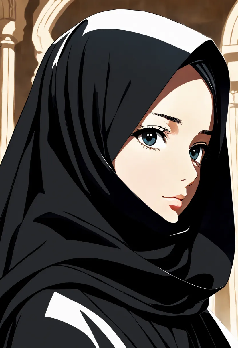 Craft an ultra-detailed anime-style illustration portraying the extreme close-up of a 24-year-old woman wearing a black Abaya an...