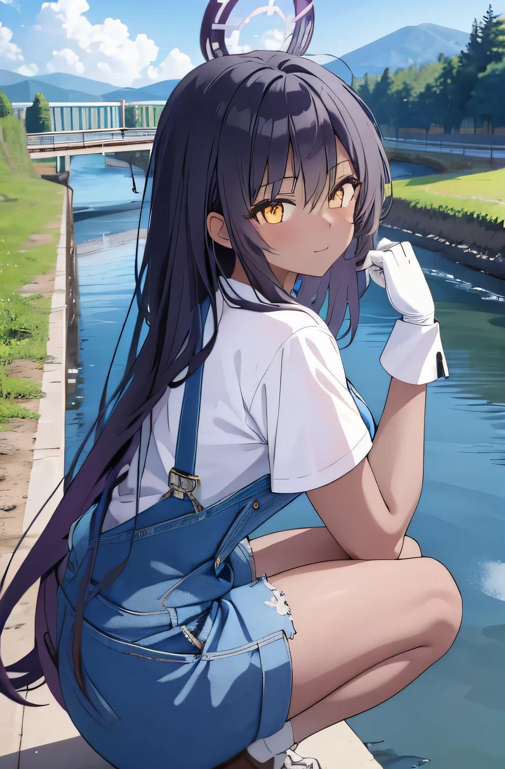 (masterpiece, best quality, detailed), 1girl, solo, karin kakudate, very dark skin, halo, very long hair, tattoo,
overalls, white shirt, short sleeves, white gloves, outdoors, house, rural, village, scenery, path, river, bridge, squatting, from side, from above, happy
