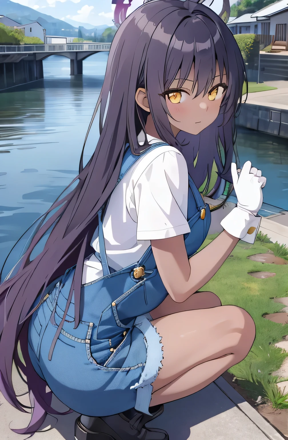 (masterpiece, best quality, detailed), 1girl, solo, karin kakudate, very dark skin, halo, very long hair, tattoo,
overalls, white shirt, short sleeves, white gloves, outdoors, house, rural, village, scenery, path, river, bridge, squatting, from side, from above, happy