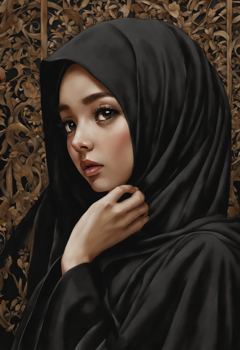 Develop an intricately detailed anime-inspired artwork featuring a close-up of a 24-year-old woman's face, her unadorned eyes gazing out with an uncanny realism. The fine lines and wrinkles around her eyes are rendered with precision, while the subtle nuances of her expression convey a depth of emotion rarely seen in art. She wears a black Abaya and Khimar Hijab, the fabric's texture so finely rendered that it appears to have a life of its own.