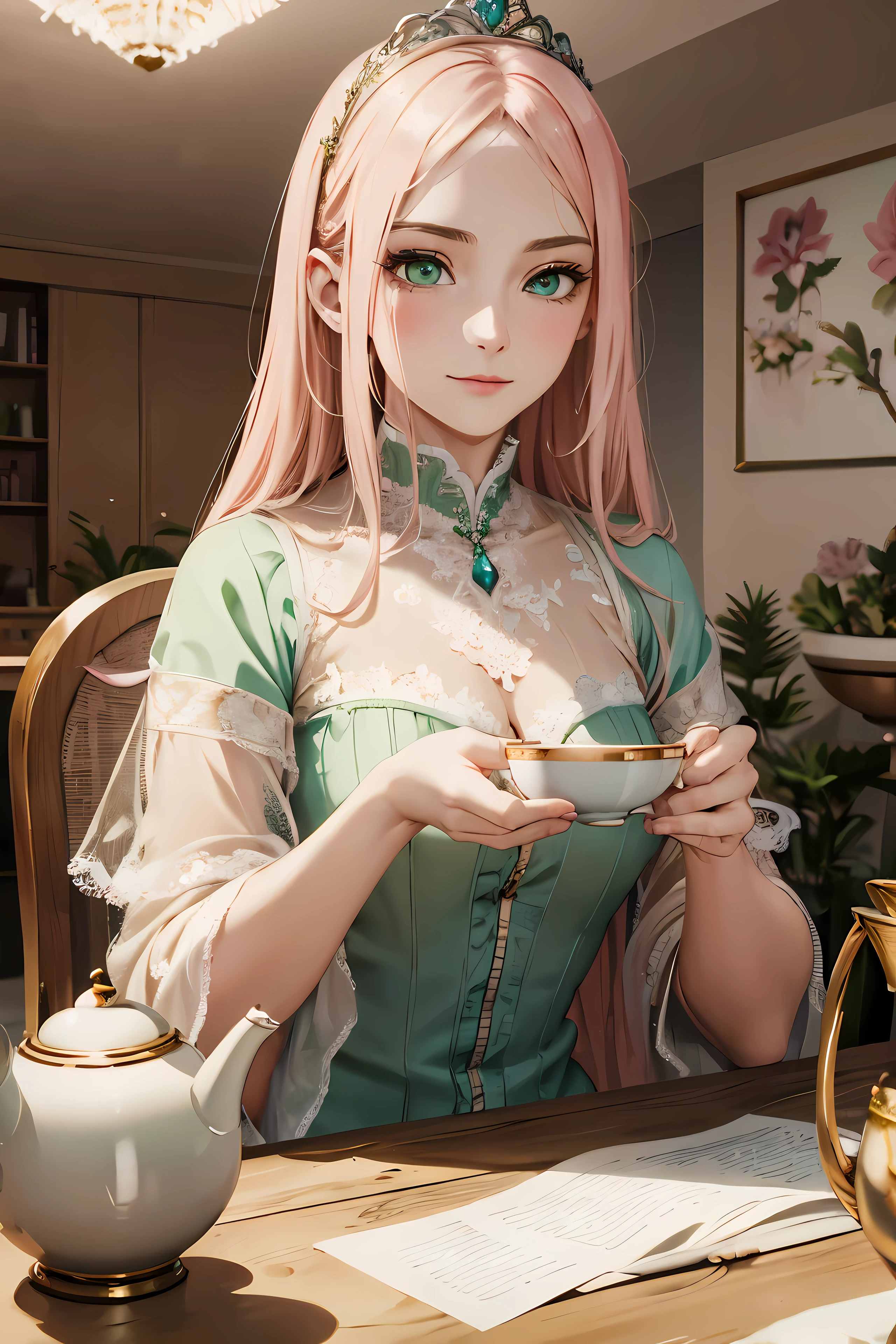 pink hair green eyed woman sitting at the table drinking tea, usando um vestido vitoriano da era do Iluminismo, com uma tiara, uma princesa inglesa, com cabelo rosa destacado por um feixe de luz
(melhor qualidade,4k,8K,high resolution,obra de arte:1.2),ultra-detalhado,Realista,photoRealista:1.37,average:oil painting,[cores vivas],sharp focus,[studio lighting],detalhes finos,bochechas rosadas,detalhes elaborados da renda,Feminino,delicate facial features,postura graciosa,serene expression,tea cup and saucer with flower print,subtle steam rising from the teacup,intricate kettle and teapot,papel de parede floral vibrante no fundo,luz do sol entrando pela janela,iluminando a cena, tons suaves de rosa,paleta de cores pastel,tons suaves de verde nas paredes,romantic atmosphere,pinceladas delicadas capturando cada detalhe.