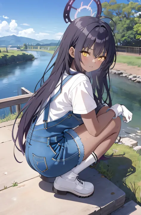 (masterpiece, best quality, detailed), 1girl, solo, karin kakudate, very dark skin, halo, very long hair, tattoo,
overalls, white shirt, short sleeves, white gloves, outdoors, house, rural, village, scenery, path, river, bridge, squatting, from side, from ...