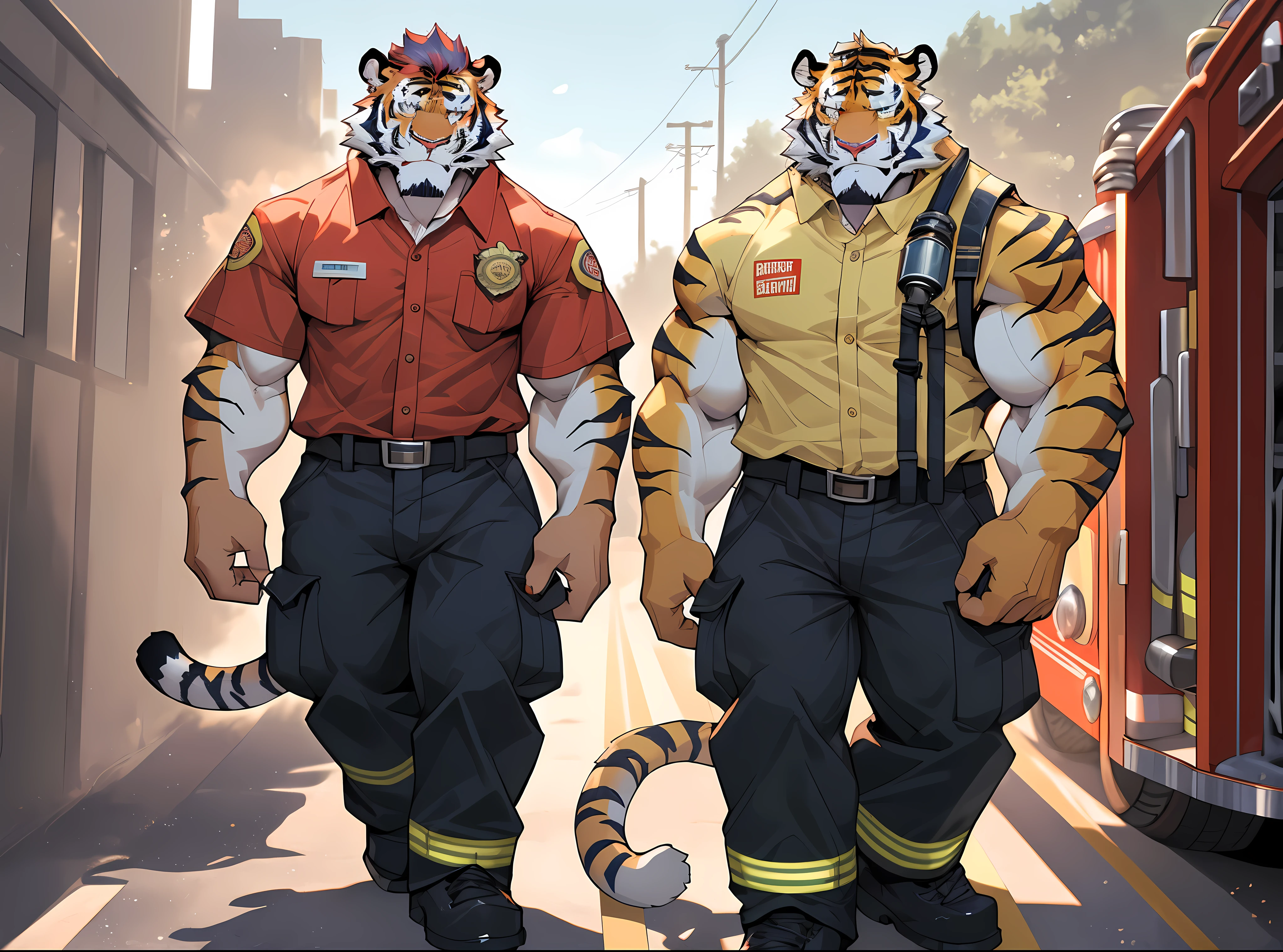 disney,anime character with tiger, tiger_beast, Firmware version, high resolution committee, ((tiger)), gigachad muscular, muscular!!, only, muscular!, anthropomorphic tiger, muscular character, Kushat Konzi, super detailed!!, muscular!!!, beefy, whole body委托, whole body细节非常丰富,16k,(whole body:1.2),(The two eyes are not the same color，Pupils of different colors:1.5),HD,(colored hair:1.5),(firefighter:1.5),Go to the fire station,firefighter attire,firefighter top,firefighter pants,firefighter boots,firefighter helmet)