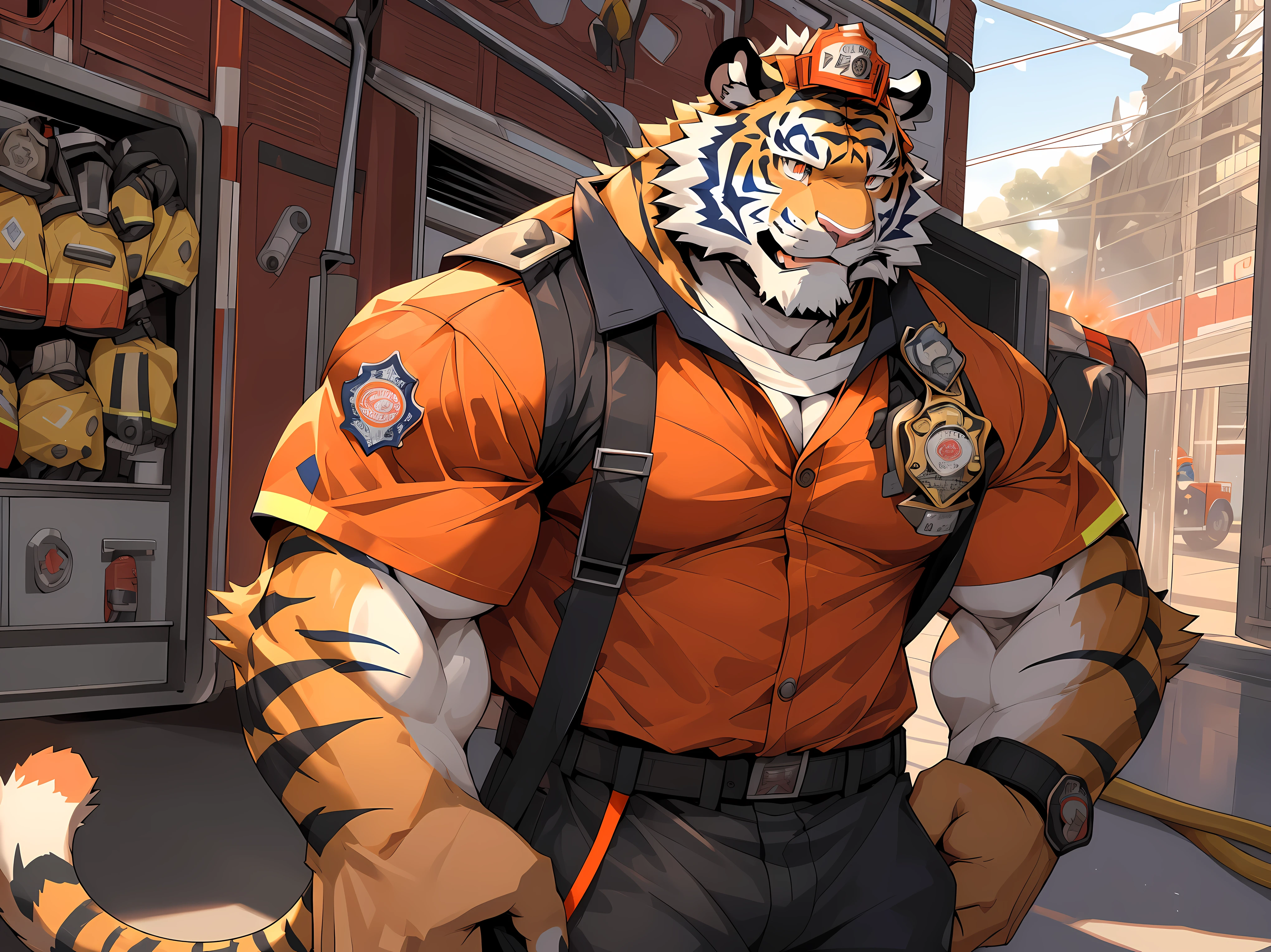 disney,anime character with tiger, tiger_beast, Firmware version, high resolution committee, ((tiger)), gigachad muscular, muscular!!, only, muscular!, anthropomorphic tiger, muscular character, Kushat Konzi, super detailed!!, muscular!!!, beefy, body committee, Full body details are very rich,16k,(Full body close-up:1.2),(The two eyes are not the same color，Pupils of different colors:1.3),HD,(colored hair:1.3),(firefighter:1.5),Go to the fire station,firefighter attire,firefighter top,firefighter pants,firefighter boots,firefighter helmet)