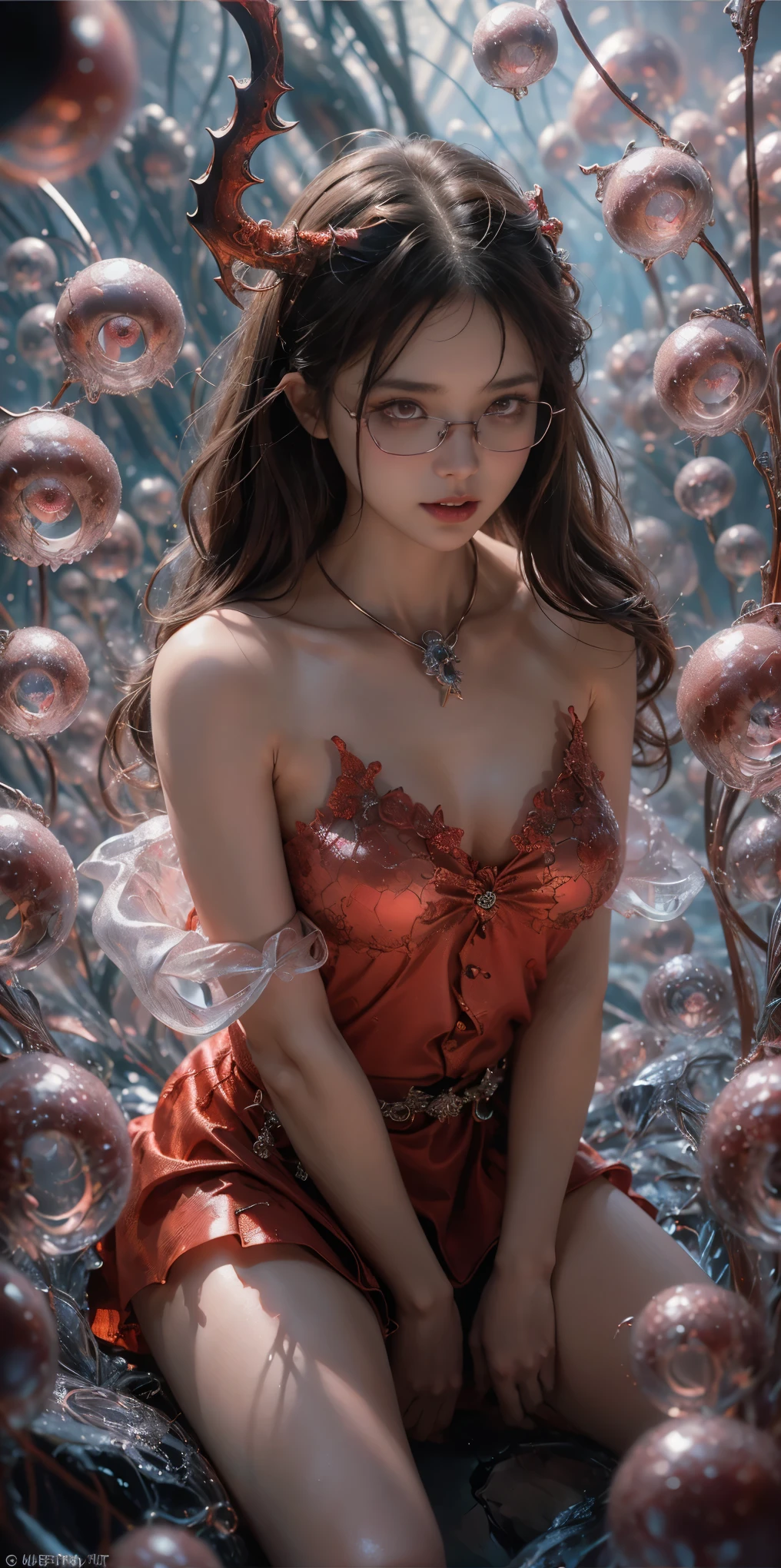 (The best illustrations)、realisitic、ultra-detailliert、The best lighting、Best Shadows、alluring succubus, ethereal beauty, perched on a cloud, (fantasy illustration:1.3), enchanting gaze, captivating pose, delicate wings, otherworldly charm, mystical sky, (Luis Royo:1.2), (Yoshitaka Amano:1.1), Dungeon and Dragon、caves、Dungeon、 A Necromancer、natta、Dark style、Succubus、Devil's Daughter、Bat Wings，(((Demon Hornlack-rimmed round glasses))))、(red eyes glowing:1.6)、​beautiful countenance、Tindall Effect、(High Detail Skins:1.2) absurderes、Ponytail distortion、jewely、Beautiful expression、Toned waist、Wide buttocks、Tindall Effectmasuter piece、top-quality、Highest Standards、Top image quality、masutepiece、intricate detailes、High resolution、Depth Field、natural soft light、profetional lighting、Great smile、(High Detail Skin: 1.2)、photorealistic anime girl render、Strong highlights of the eyes、Perfect Anatomy、crotch open、Shy、Spreading your legs、Panties are visible、Skirt flipping、Body shiny with oilerectile nipple))、8K resolution、intricate clothing、Intricate details、Panties visible through the skirt、Panties in full view、Small panties, pink nipple, pink pussy