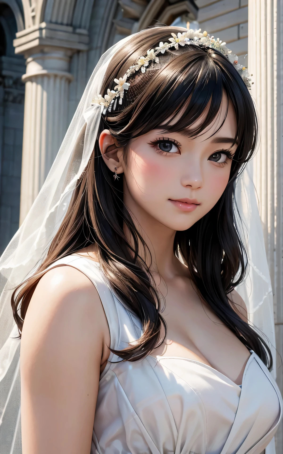 absurderes:2.0、(Blush、wedding veil:1.4, face focus:1.3)、japanese actress、solo, realistic, Unity 8K Wallpaper, Masterpiece, Realistic face, Realistic skin feeling ,detailed hair, highly detailed, realistic glistening skin, light makeup, (mini wedding dress:1.6、curvy、big breasts, black eyes)、in front of the church、 happiness、outdoor
