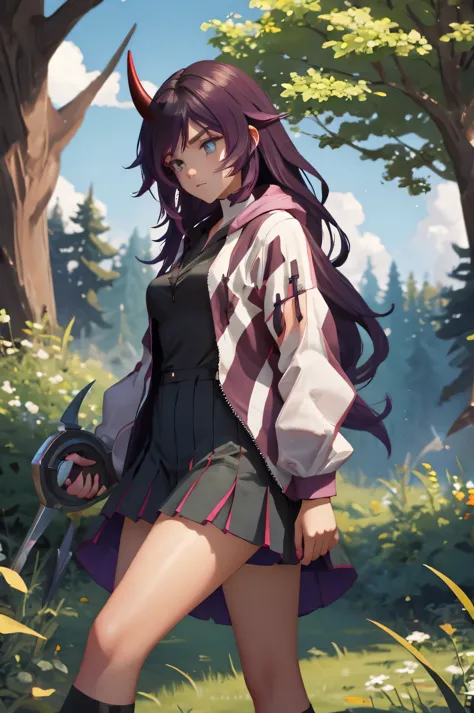 Teenage woman, battle outfit, horns, long hair, in the woods