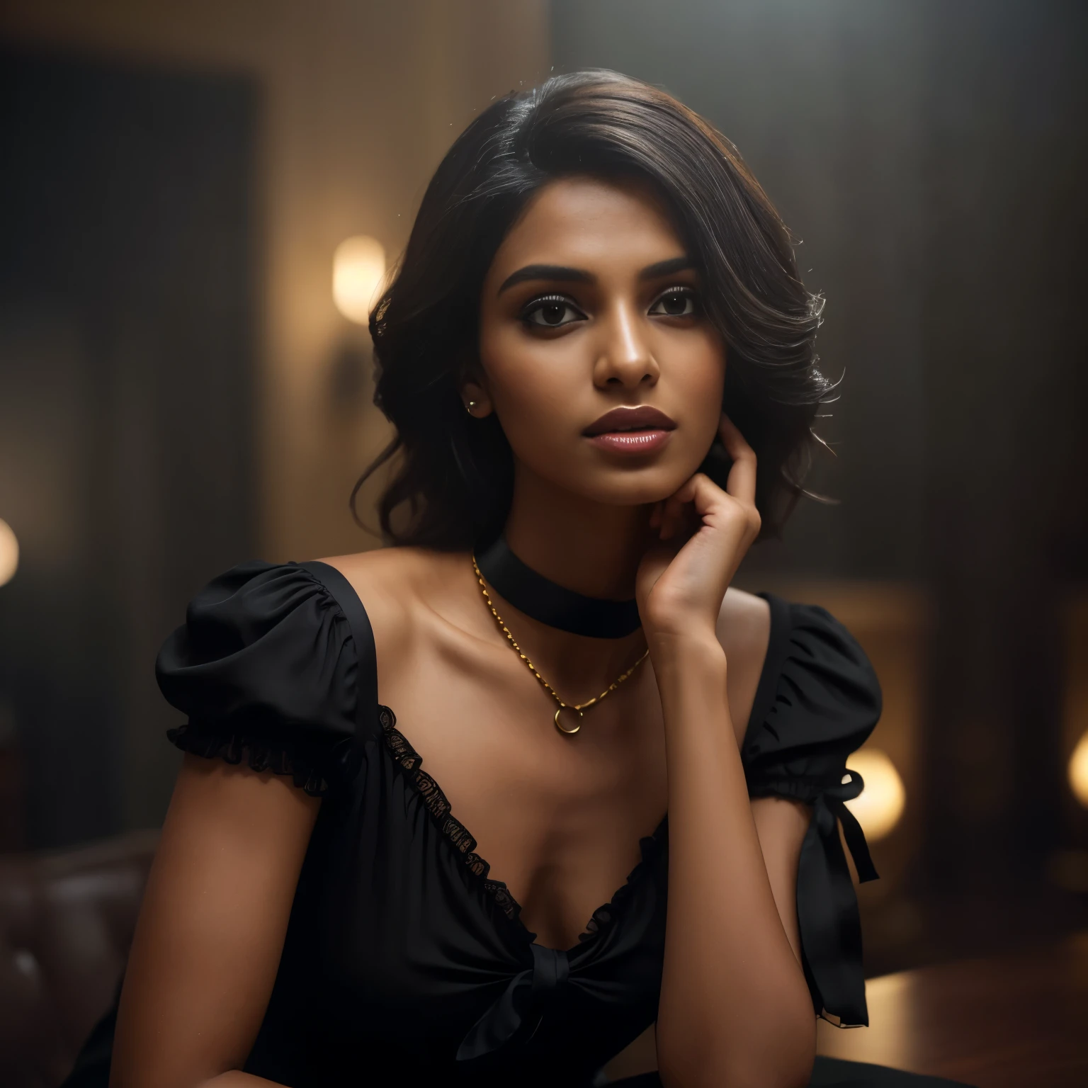 In this photograph, an Indian Instagram female model in her mid-20s takes center stage. , (highly detailed face:1.4) (smile:0.7) (backround 5 star hotel , moody, private study:1.OV, by lee jeffries, nikon d850, film stock photograph ,4 kodak portra 400 ,camera f1.6 lens ,rich colors ,hyper realistic ,lifelike texture, dramatic lighting , cinestill 800, realistic, wearing Black dobby weave self design fit & flare dress Sweetheart neck Short, puff sleeve Tie-up detail on back Above knee length in flounce hem Attached Lining Chiffon fabric, actress, karla ortiz, posing!!, candid picture, by Max Dauthendey,Completing the aesthetic, the model wears a slave collar with a chain around her neck. The photograph is meticulously captured in 8K resolution using cutting-edge techniques such as Cinema 4D and Octane Render, resulting in a highly detailed and photorealistic image. Studio lighting, HDR, and a smoky mist create a captivating ambiance, while the bokeh effect adds an artistic touch.