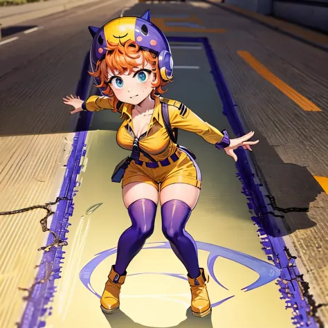 Masterpiece, high quality, happy, 1girl, orange hair, short hair, curly hair, freckles, helmet, bodysuit, yellow shirt, short sleeves, long sleeves, belt, yellow small shorts, purple thighhighs, sexy body, gorgeous body, beautiful, beautiful legs, solo