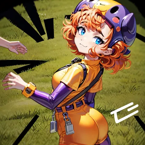 Masterpiece, high quality, happy, 1girl, orange hair, short hair, curly hair, freckles, helmet, bodysuit, yellow shirt, short sleeves, long sleeves, belt, yellow booty shorts, purple thighhighs, sexy body, gorgeous body, beautiful, beautiful legs, ((solo))...
