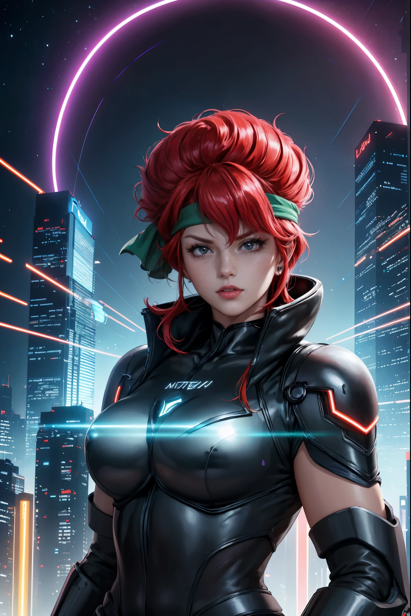 (highres,Meisterwerk:1.2),ultra-detailliert,Porträt,Retro-Science-Fiction,futuristische Outfits,buschiges rotes Haar,langes schwarzes Haar,große Brüste,sexy,Asiatin,girl with langes schwarzes Haar,rothaariges Mädchen,lebendige silberne Kostüme,Auffällig,Auffällige Farben,glänzende metallische Texturen,detaillierte Gesichtszüge,intensiver Blick,kräftig rote Lippen,kräftiges Make-up,selbstbewusste Ausdrücke,leuchtende LED-Zubehörteile,Neonlichter,Science-Fiction-Hintergrund,Fortgeschrittene Technologie,wunderschönes futuristisches Stadtbild,Nachteinstellung,stimmungsvolle Atmosphäre,scharfer Fokus,intensive Blau- und Lilatöne,leuchtende Reflexe auf ihren metallischen Kostümen,Wolkenkratzer, die nach den Sternen greifen,ultramoderne Transportmittel,fliegende Autos,schwebende Drohnen,Lichtspuren erhellen den Himmel,Ein Gefühl von Abenteuer und Aufregung,berauschende Energie,beeindruckende digitale Effekte,blühende Metropole,nahtlose Integration von Natur und Technologie,Atemberaubende Skyline,Künstliche Intelligenzassistenten, die sich nahtlos in die menschliche Gesellschaft einfügen,eine immersive Welt, in der der Fantasie keine Grenzen gesetzt sind, Grünes Stirnband