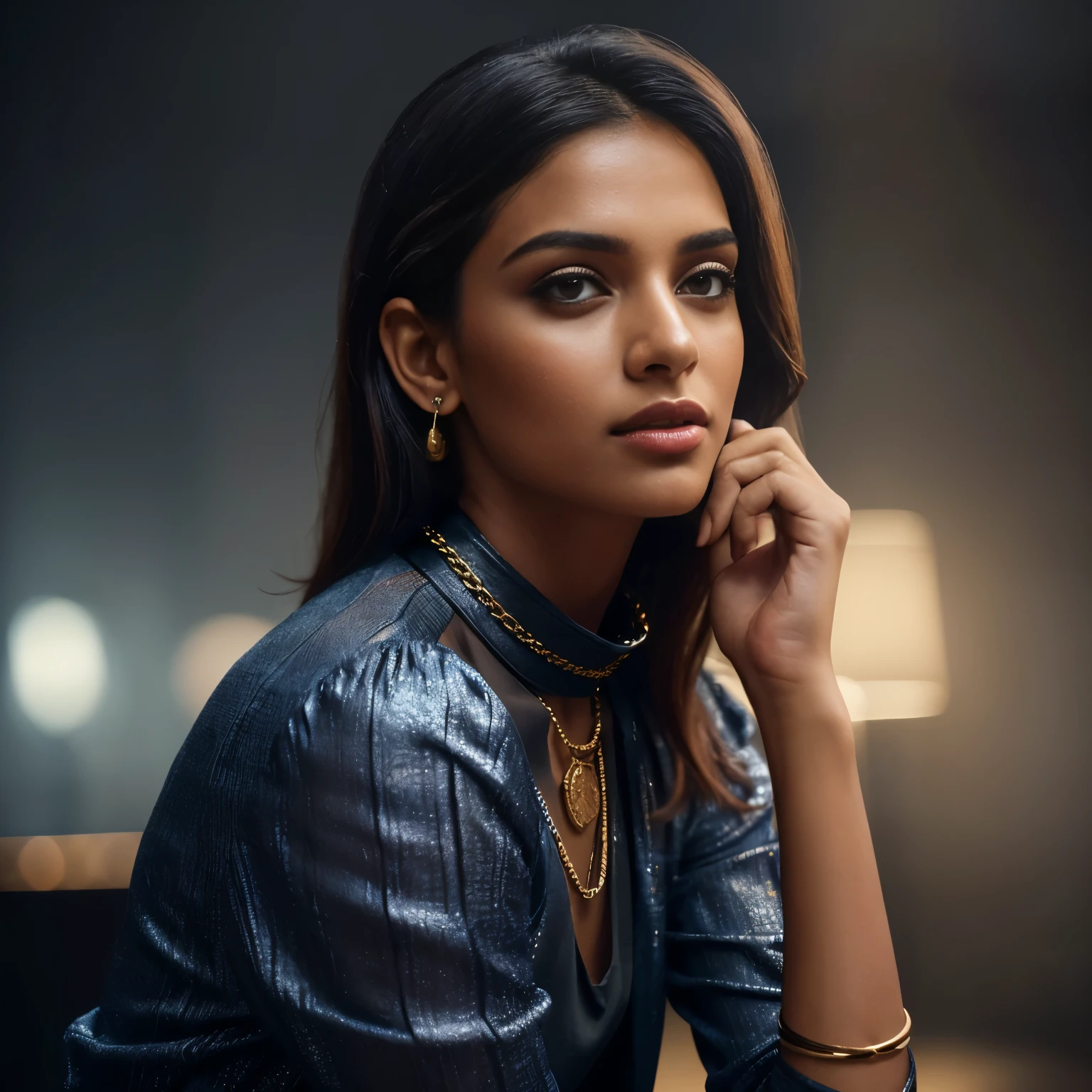 In this photograph, an Indian Instagram female model in her mid-23s takes center stage. , (highly detailed face:1.4) (smile:0.7) (backround 5 star hotel , moody, private study:1.OV, by lee jeffries, nikon d850, film stock photograph ,4 kodak portra 400 ,camera f1.6 lens ,rich colors ,hyper realistic ,lifelike texture, dramatic lighting , cinestill 800, realistic, wearing colorful dobby weave self design fit & flare sexy dress Sweetheart neck Short, puff sleeve Tie-up detail on back Above knee length in flounce hem Attached Lining Chiffon fabric, actress, karla ortiz, posing!!, candid picture, by Max Dauthendey,Completing the aesthetic, the model wears a slave collar with a chain around her neck. The photograph is meticulously captured in 8K resolution using cutting-edge techniques such as Cinema 4D and Octane Render, resulting in a highly detailed and photorealistic image. Studio lighting, HDR, and a smoky mist create a captivating ambiance, while the bokeh effect adds an artistic touch.